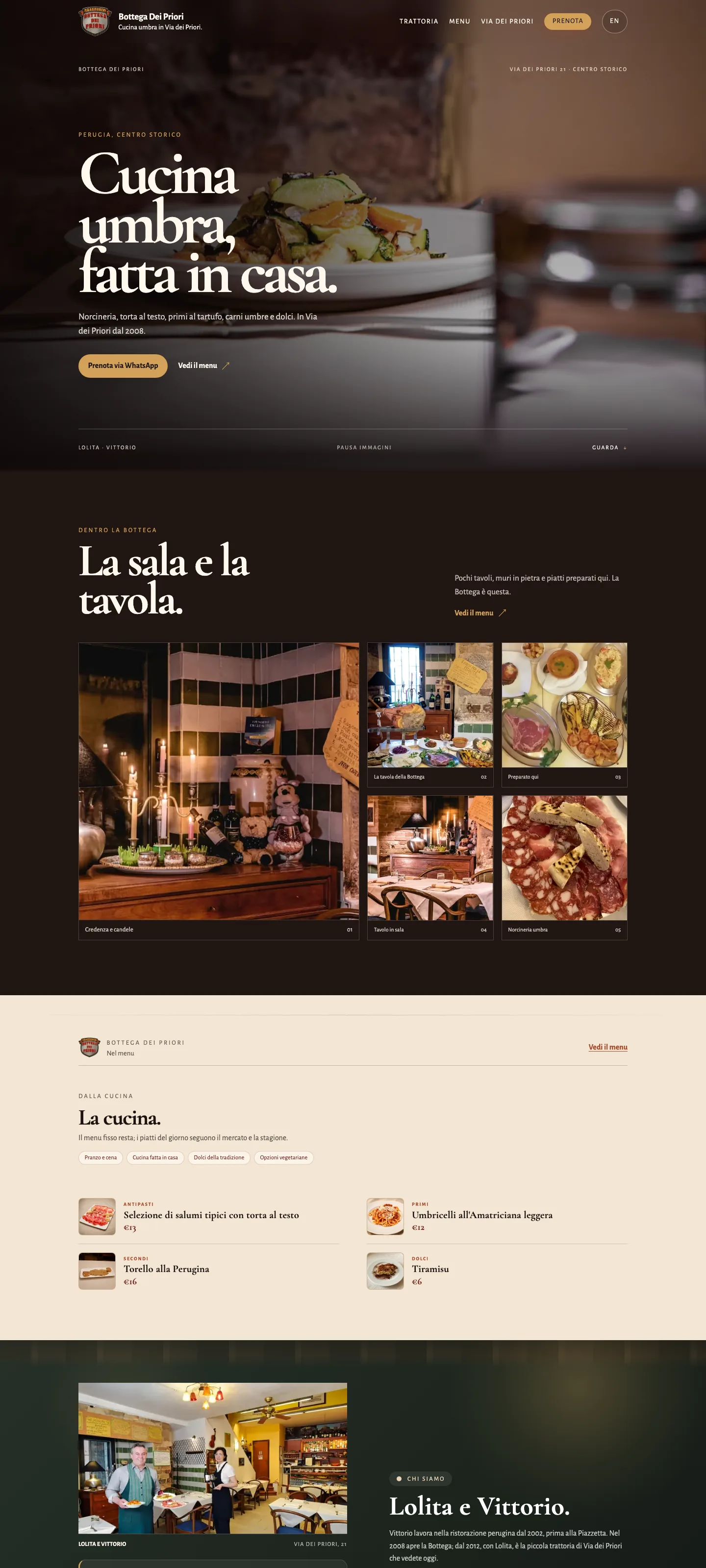 Anteprima del sito Bottega Dei Priori, con il menu e le informazioni per prenotare