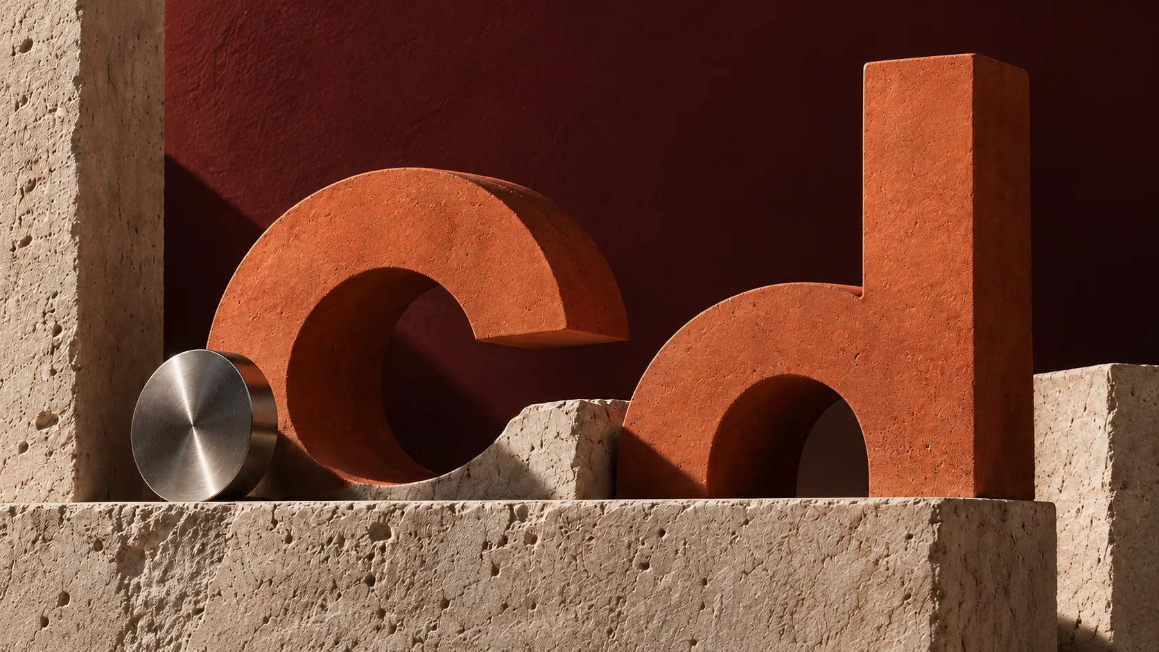 Composizione tipografica di Civico Due: lettere scultoree in terracotta, pietra chiara e metallo