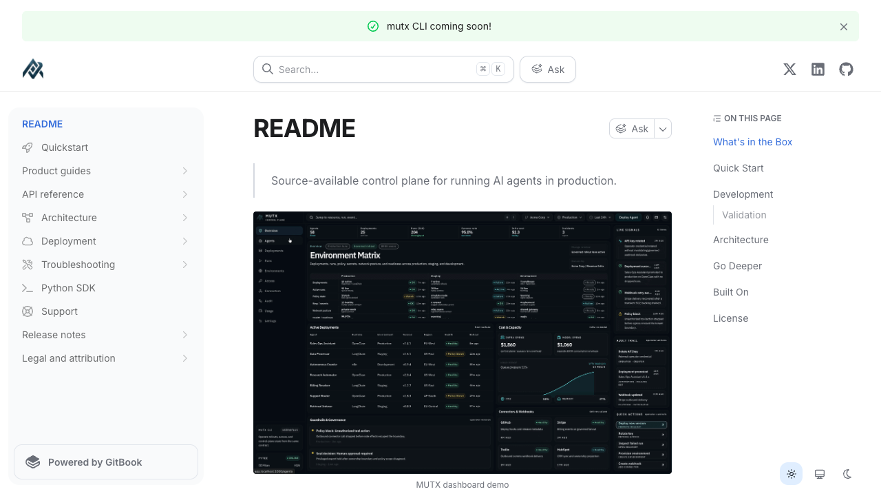 Documentazione live di MUTX con una schermata del dashboard